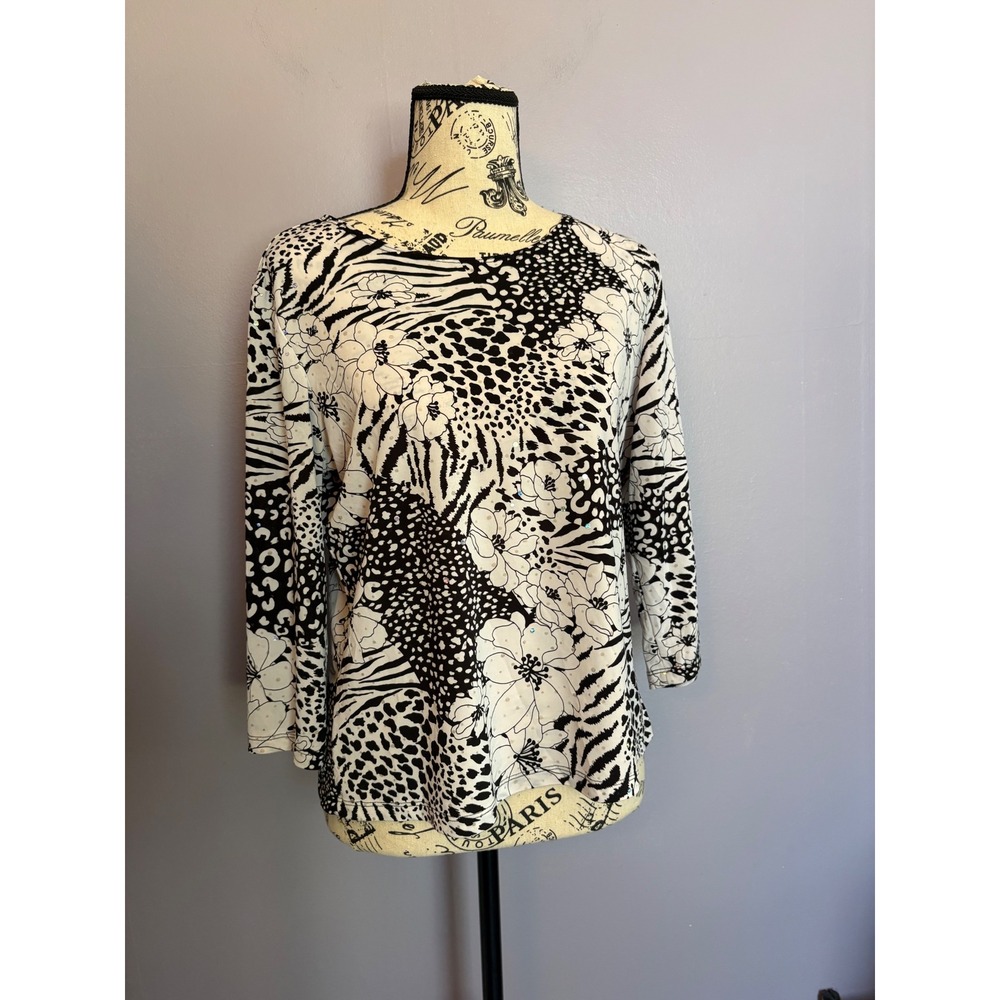 Brittany Black Mixed Animal Floral Print Rhinestone Top Black White Womens L